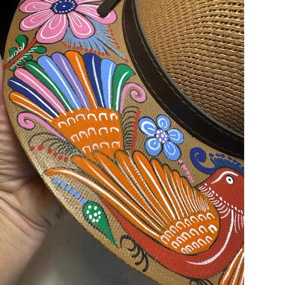 BOHO Hand Painted Artesian Mexican Straw Fedora Hat Floral Birds Artsy SZ Large - Picture 7 of 16